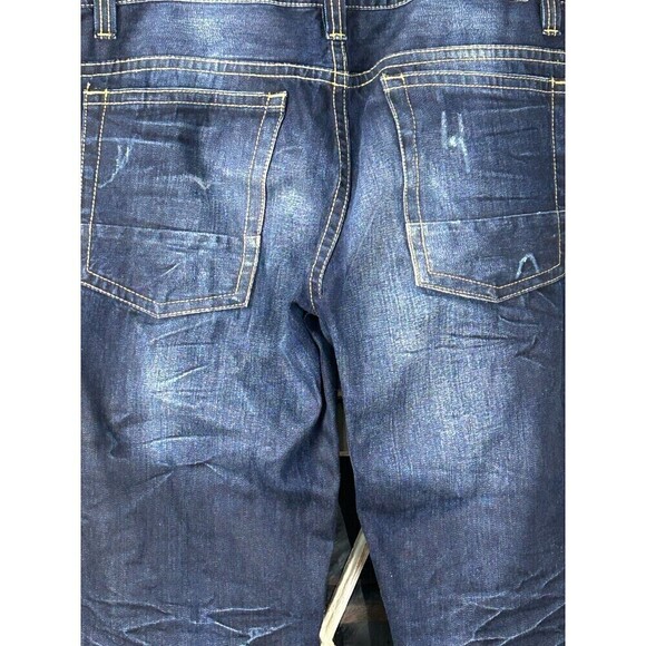Machine Men Dark Blue Jean Sz 38x32 Distressed Straight Leg Relaxed Fit Denim T4 - Picture 9 of 11